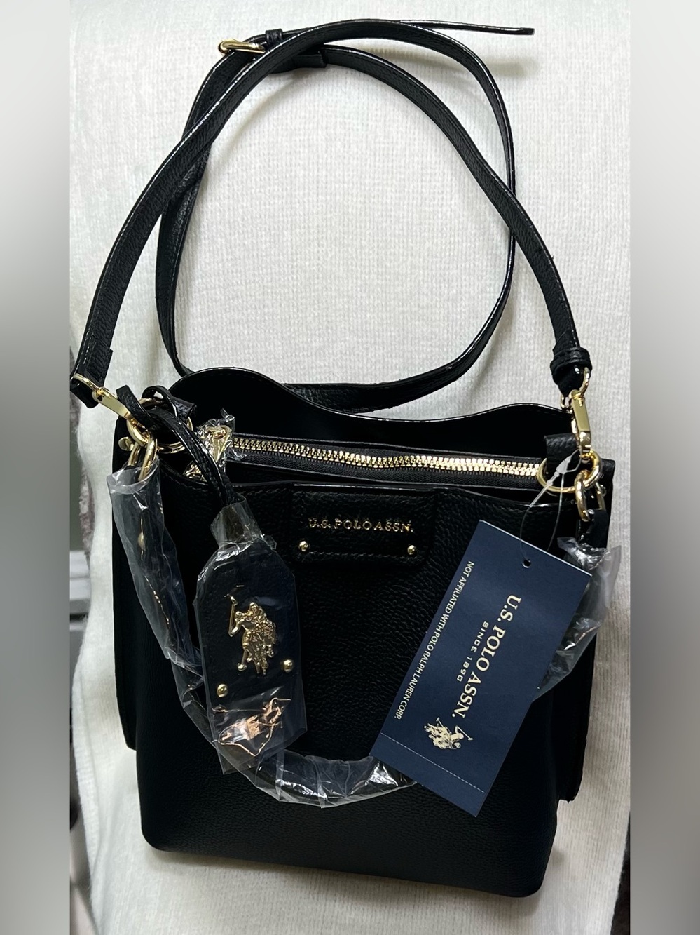U.S. Polo Assn. Black Leather Shoulder Bag with Gold Accents